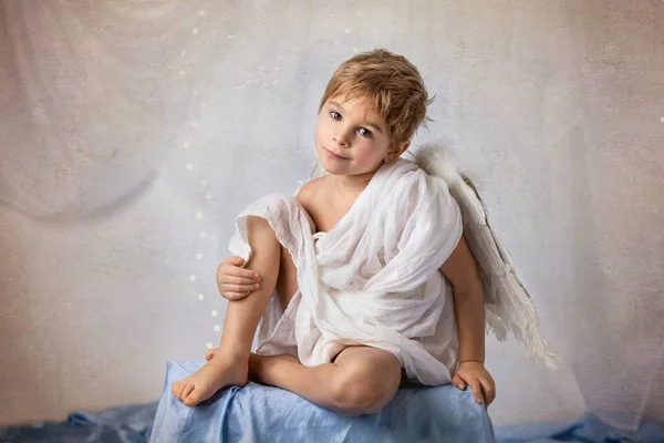 Little Cupid Toddle Boy Holding Bow Arrow Beautiful Blond Cherub — Fotografia de Stock