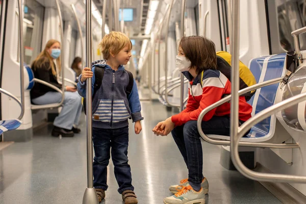 Children Traveling Subway Early Morning Empty Train Barcelona Spain — Stock Photo, Image