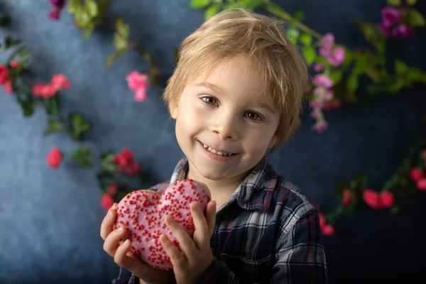 Cute Little Blond Child Preschool Boy Eating Pink Donut Shape — Stock Photo, Image