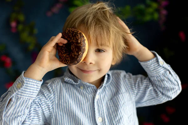 Cute Little Blond Child Preschool Boy Eating Pink Donut Shape — Stock Photo, Image