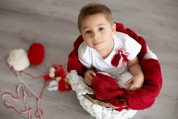 Cute Child Blond Boy Playing White Red Bracelet Bulgarian Martenitsa — Stock Photo, Image