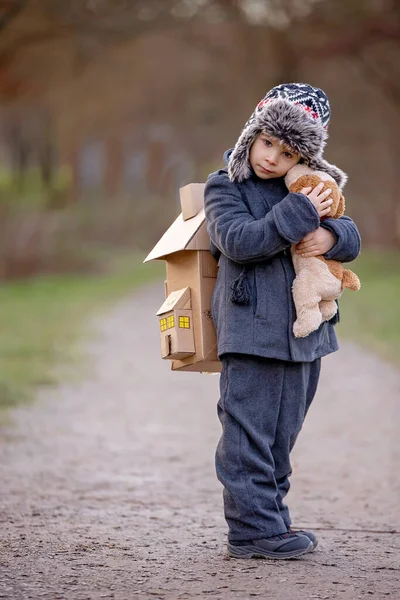 Little Child Blond Boy Pet Dog Carying Home His Back — Stockfoto