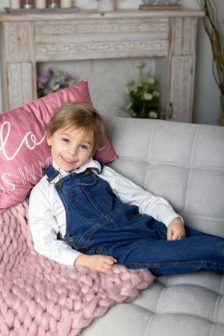 Valentine portrait of a little cute child with hearts, roses and sign