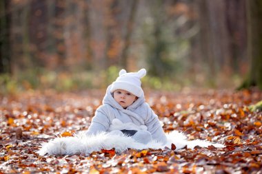 Sonbahar Kış beyaz kürk ormandaki oturan küçük oğlu,