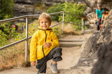 Child, boy, visiting Pravcicka brana in Hrensko, Czech Republic on a rainy summer day with his parents