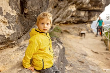 Child, boy, visiting Pravcicka brana in Hrensko, Czech Republic on a rainy summer day with his parents