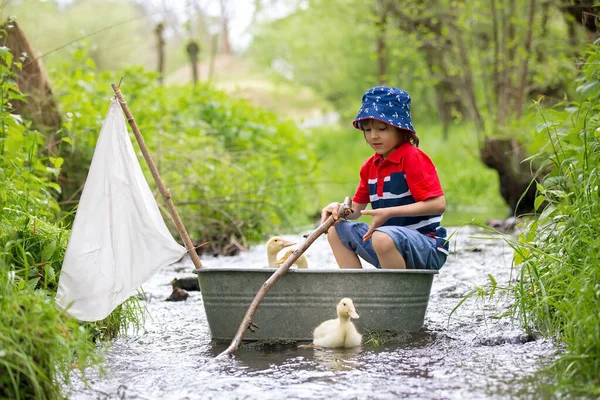 Cute Child Boy Playing Boat Ducks Little River Sailing Boating — Stock Photo, Image