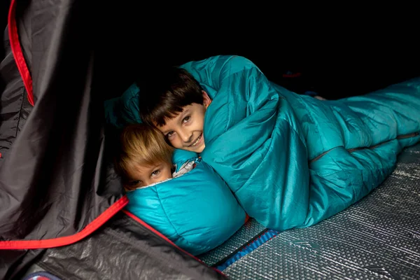 Children Sibilngs Sleeping Sleeping Bags Tent Norway Wild Camping — Stok fotoğraf