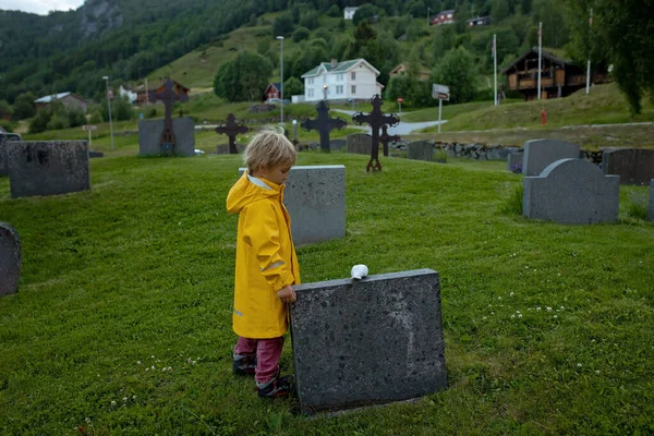 Sad Little Child Blond Boy Standing Rain Cemetery Sad Person — Stock Photo, Image