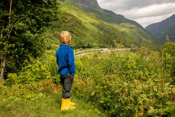 People Children Enjoying Amazing Views Norway Fjords Mountains Other Beautiful — Stok fotoğraf