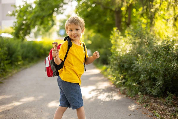 Renkli Giysiler Sırt Çantası Içinde Sevimli Bir Çocuk Güneşli Bir — Stok fotoğraf