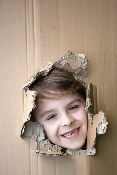 Enfant Tout Petit Mignon Garçon Blond Caché Dans Une Boîte — Photo
