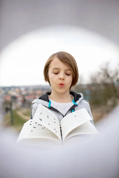 Ребенок Мальчик Держащий Руках Книгу Читающий Играющий Творческие Знания Снятые — стоковое фото