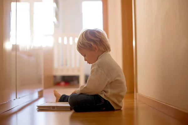 Beautiful Toddler Blond Boy Lying Floor Home Hall Reading Book — Stock Photo, Image