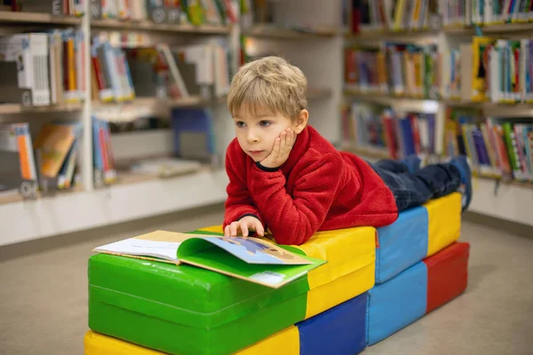 Adorable Little Child Boy Sitting Library Reading Book Choosing What — Stok fotoğraf