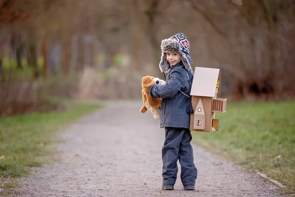 Little Child Blond Boy Pet Dog Carying Home His Back — Stock Fotó