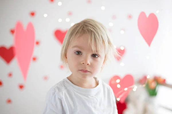 Cute Blonde Toddler Boy Holding Box Heart Shape Roses Flowers — Stock Photo, Image