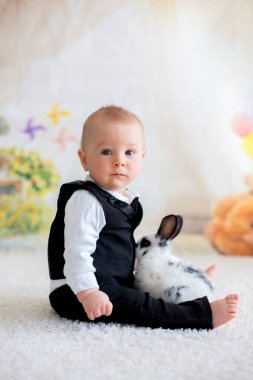 Sevimli küçük yürümeye başlayan çocuk, smart casual, küçük siyah beyaz tavşan ile evde oynarken giymiş