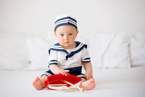 Cute Baby Boy Dressed Marine Clothes Playing Wooden Boat — Stock Photo, Image