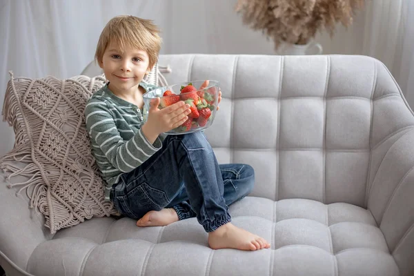 かわいい就学前の子供 男の子 家でイチゴを食べる — ストック写真