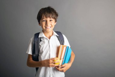 Cute preschool blond child, boy, holding books and notebook, apple, wearing glasses, ready to go to school