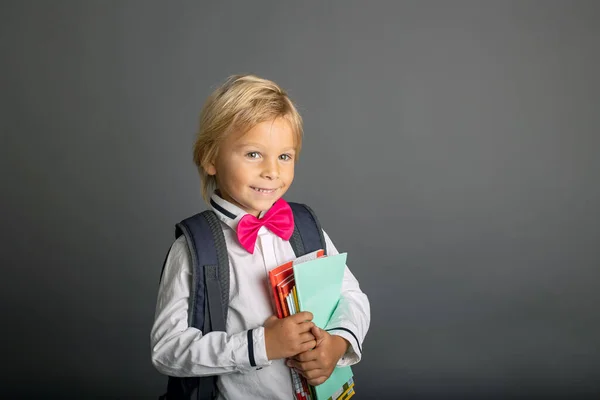 Cute Preschool Blond Child Boy Holding Books Notebook Apple Wearing — Foto de Stock