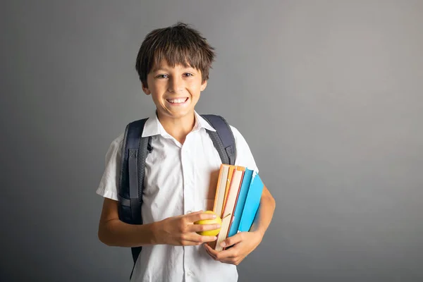 Cute Preschool Blond Child Boy Holding Books Notebook Apple Wearing — Fotografia de Stock