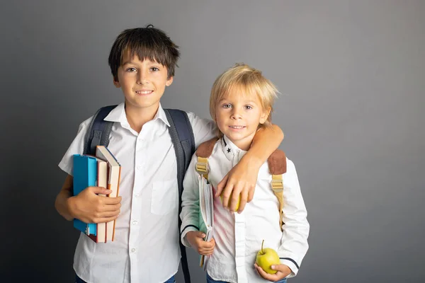 Мила Дошкільна Блондинка Хлопчик Тримає Книжки Блокнот Яблуко Одягнене Окуляри — стокове фото