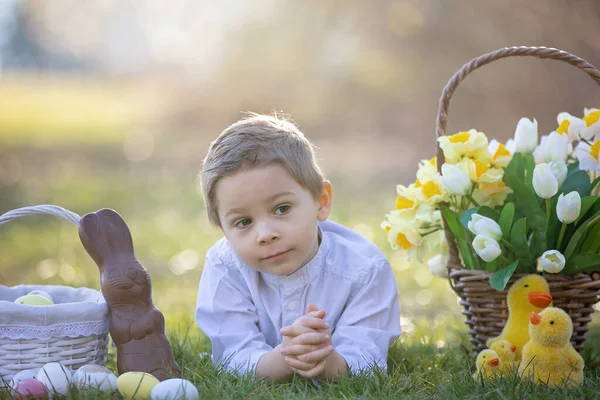 Beautiful Stylish Toddler Child Boy Playing Easter Decoration Park Springtime — Stock Photo, Image