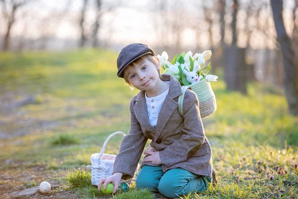 Beautiful Stylish Toddler Child Boy Playing Easter Decoration Park Springtime — Stock Photo, Image