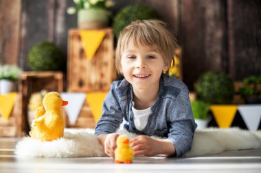 Sevimli bir anaokulu çocuğu, oğlum, evde ördeklerle oynuyor, arkasında doğum günü için güzel bir bahar süslemesi var.