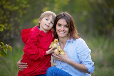 Güzel bir aile, anne ve oğul, parkta anneler günü için portre, birlikte aile fotoğrafı çektirmek.