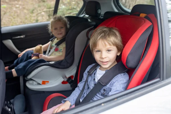 Słodkie Dzieci Chłopiec Dziewczynka Rodzeństwo Siedzi Fotelikach Samochodowych Samochodzie Podróżuje — Zdjęcie stockowe