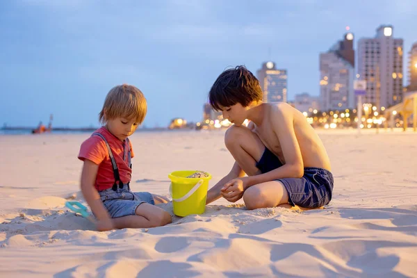 Child Boy Playing Beach Tel Aviv Evening Summertime — Stock Photo, Image