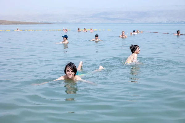 Child Boy Floating Dead Sea Very Hot Summer Day — Stock Photo, Image