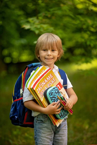Criança Pré Escolar Bonito Usando Mochila Escolar Segurando Caderno Lápis — Fotografia de Stock