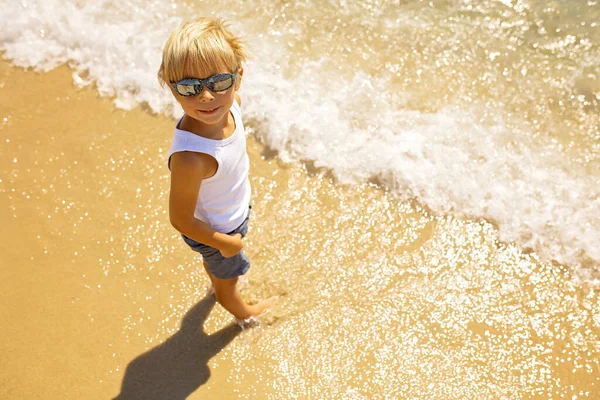 Child Cute Boy Playing Beach Sand Enjoying Summer Number Sign — Photo