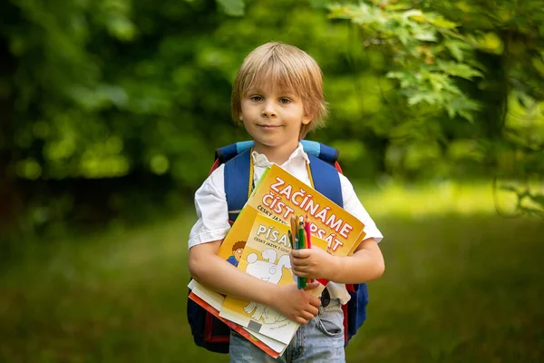 Cute Preschool Child Wearing School Backpack Holding Notebook Pencils School — Stock Photo, Image