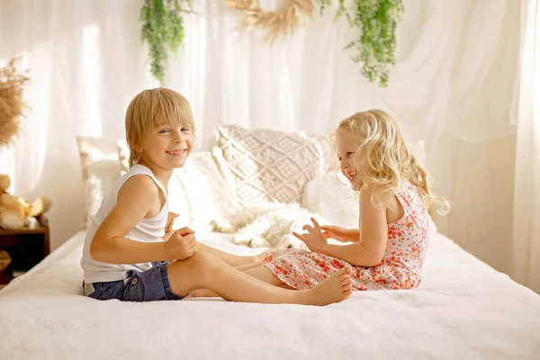 Cute Sweet Toddler Children Tickling Feet Bed Laughing Smiling Childish — Stock Photo, Image