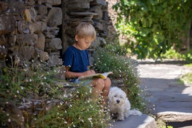 Güzel bir günde Portekiz, Lousa 'da güzel bir ortaçağ köyü Talasnal. Köyün caddesinde evcil köpeğiyle oynayan, kitap okuyan bir çocuk.