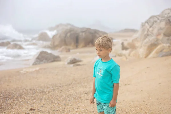 Beautiful Blond Child Boy Gathering Shells Beach Portugal Cloudy Foggy — Stock Photo, Image