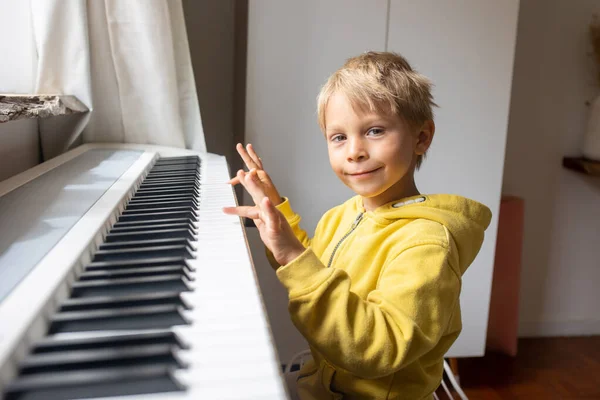 Child Blond Boy Playing Piano Home Learning — Stock Photo, Image
