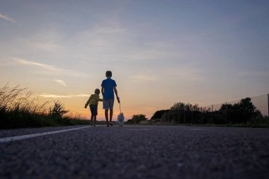 İki oğlan, erkek kardeş, çocuklar, evcil köpeği olan sarışın çocuklar, kötü huylu, kırsal, güneşli bir günde yolda yürüyen, güzel gün batımı