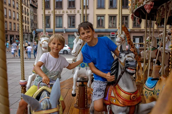 Children Boys Going Merry Kids Play Carousel Summertime Strasbourg France — Stock Photo, Image