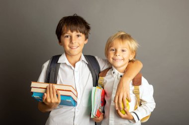 Cute preschool blond child, boy, holding books and notebook, apple, wearing glasses, ready to go to school