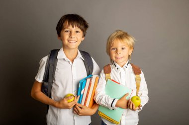 Cute preschool blond child, boy, holding books and notebook, apple, wearing glasses, ready to go to school