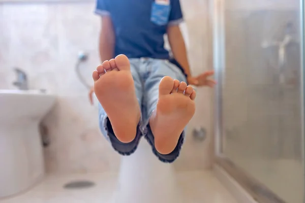 Cute Child Boy Sitting Toilet Bathroom — Stock Photo, Image