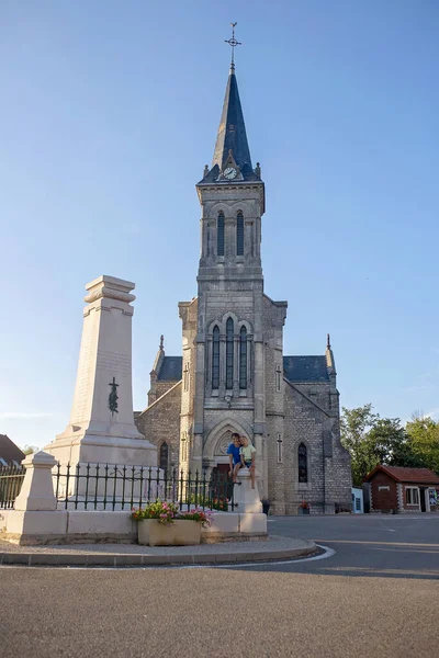 Child Posing Front Church Navilly France Sunny Warm Day — Stock Photo, Image