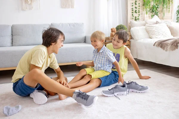 Happy Positive Children Tickling Feet Having Fun Together Boy Brothers — Stock Photo, Image