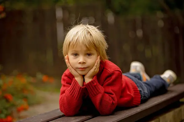 Höstporträtt Ett Gulligt Blont Småbarn Parken Leende Höst — Stockfoto